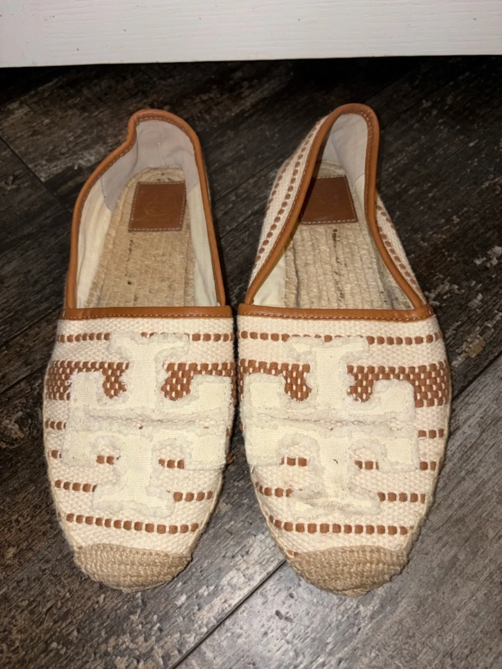 Tory Burch Cream and Brown Woven Espadrille Flats EUC